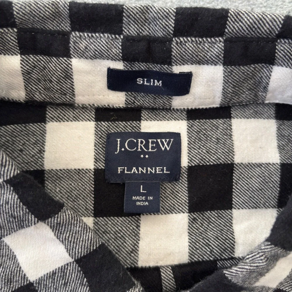 J.Crew Mens Slim Fit Flannel Shirt Large Black White Buffalo Check Plaid Cotton